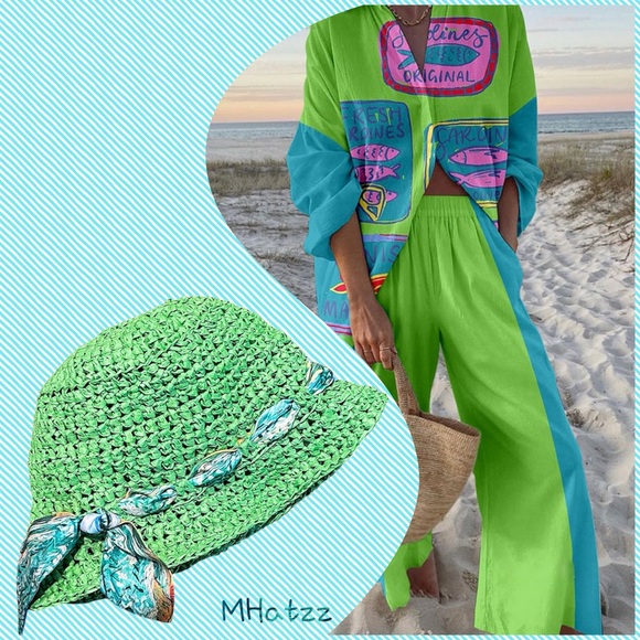 Accessories - Vibrant Green and Blue Sun Hat Raffia Look Bucket Hat
